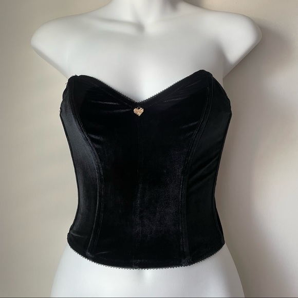 Vintage Black Velour Stapless Bustier with Heart Metal Embellishment Size M - Picture 1 of 8
